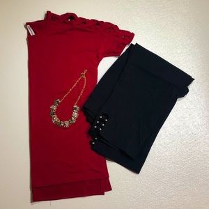 TOP XL CRISS-CROSS SHOULDER HI-LOW HEM DARK RED